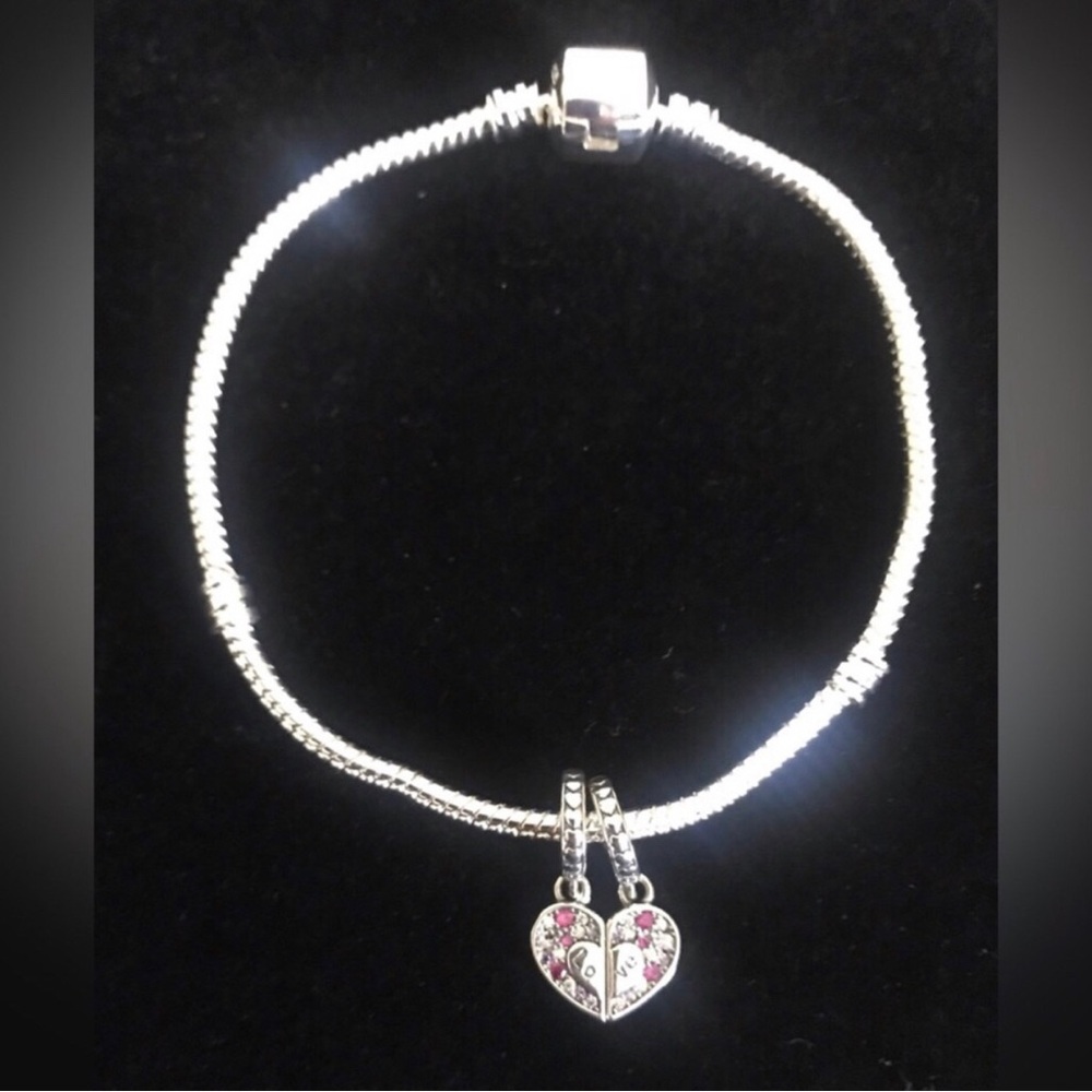 Sterling Silver Heart Pendant Charm Bracelet with Pink Accents